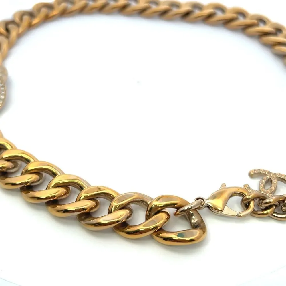 Chanel REV Gold Golden Cuban Link Chain Crystal CC Logo Choker Pendant Necklace